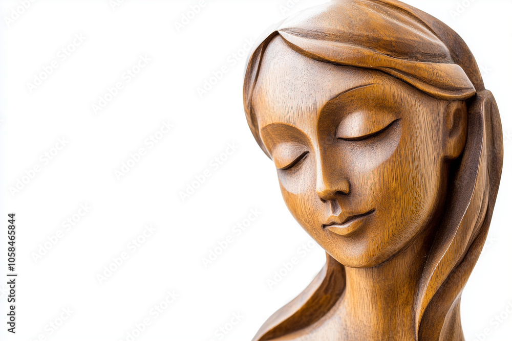 Female head face sculpture carved from wood isolated on white background. Female head face sculpture carved from wood isolated on white background.