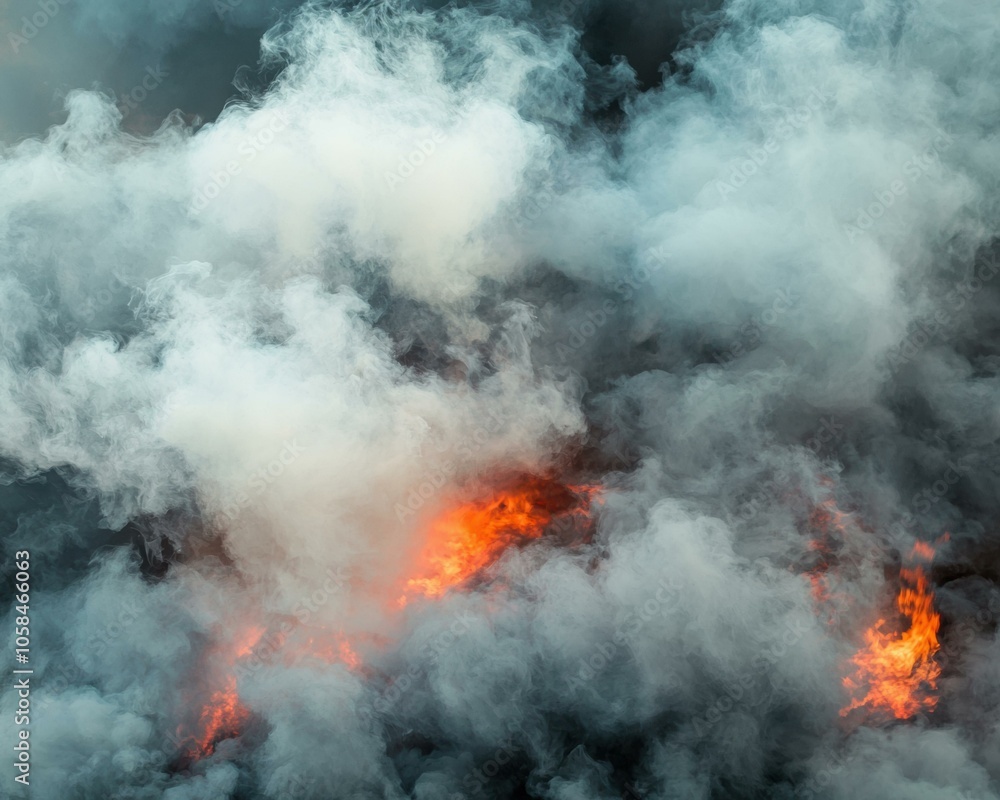 Thick white smoke billowing over glowing orange flames. AI. Thick white smoke billowing over glowing orange flames. AI.