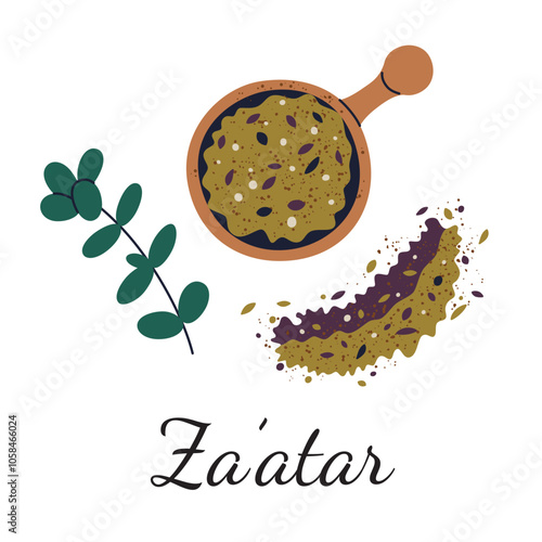 Vector illustration of zaatar seasoning in a wooden bowl with herbs and spices, zaatar spice blend perfect for culinary, Middle Eastern cuisine, and healthy food themes. Flat cartoon style
