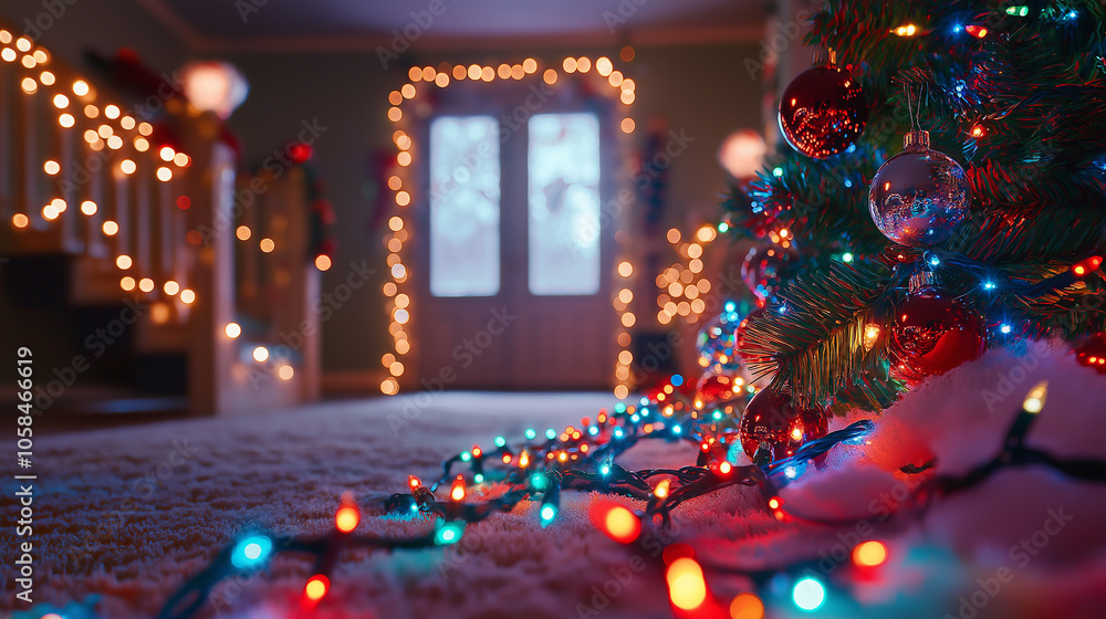 Create a Christmas-themed background with soft, cozy lighting and a bokeh effect of twinkling lights in hues of green, blue, and red. The scene should feature a decorated Christmas tree with ornaments Create a Christmas-themed background with soft, cozy lighting and a bokeh effect of twinkling lights in hues of green, blue, and red. The scene should feature a decorated Christmas tree with ornaments