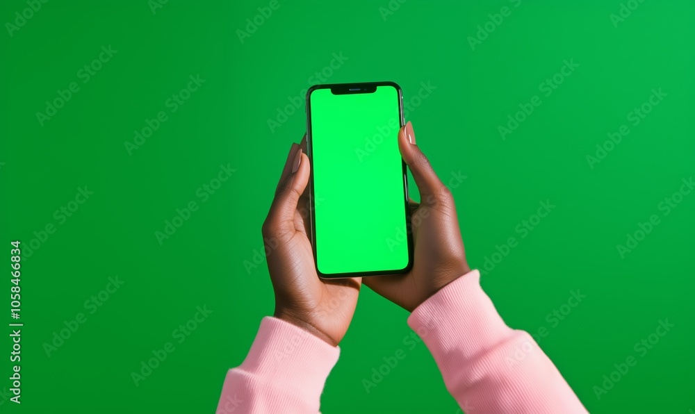 Hands holding a smartphone against a bright green background in a minimalist setting, perfect for mockup or design presentation Hands holding a smartphone against a bright green background in a minimalist setting, perfect for mockup or design presentation