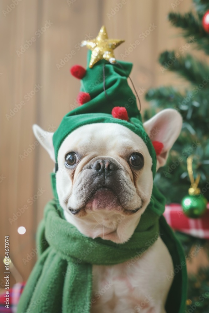 A dog wearing a festive hat sits in front of a Christmas tree. AI. A dog wearing a festive hat sits in front of a Christmas tree. AI.
