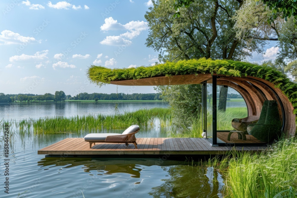 Naklejka premium A peaceful haven on a tranquil lake. AI.