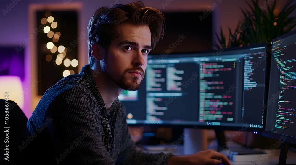 Working businessman in front of a computer screen, digital technology and finance Working businessman in front of a computer screen, digital technology and finance