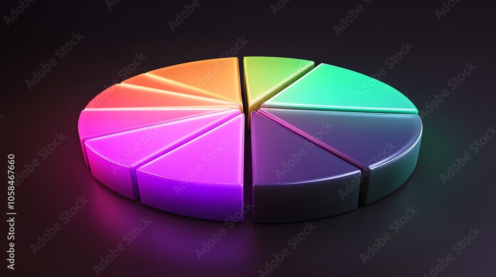 
3D vector pie chart infographic template, semicircle form, divided into nine parts, smooth glowing texture, highly vibrant colors ranging from deep purple to neon green, modern and clean design, high