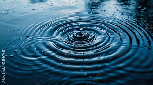 A close-up shot of water ripples highlighting the beauty of a single drop falling into a calm surface, Ideal for topics like tranquility, nature, or water conservation in design projects, photo