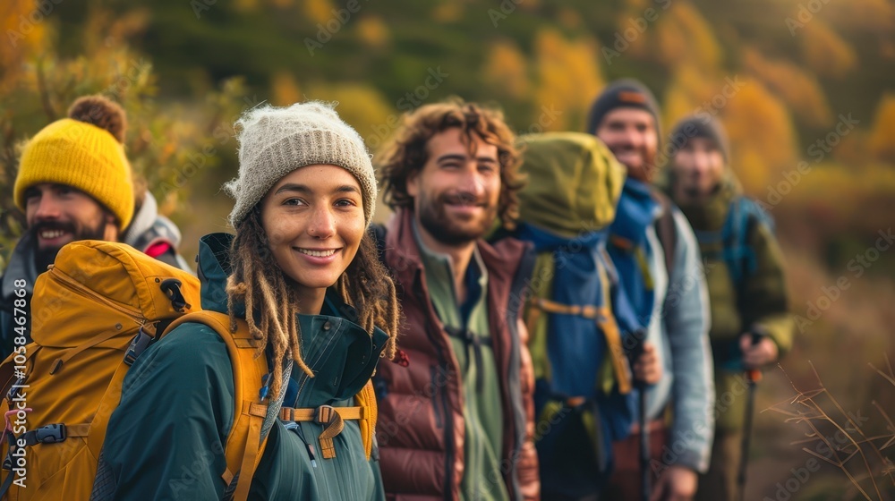 A diverse group of hikers smiles on a trail surrounded by autumn foliage, showcasing teamwork and adventure, This image is ideal for outdoor gear promotions, travel blogs, and wellness campaigns, A diverse group of hikers smiles on a trail surrounded by autumn foliage, showcasing teamwork and adventure, This image is ideal for outdoor gear promotions, travel blogs, and wellness campaigns,
