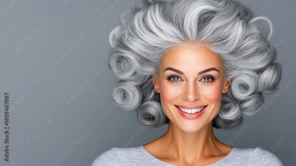 Woman with gray hair and a pink lip is standing in front of a blue background. Concept of elegance and sophistication, as the woman's well-groomed appearance and the blue background create harmonious Woman with gray hair and a pink lip is standing in front of a blue background. Concept of elegance and sophistication, as the woman's well-groomed appearance and the blue background create harmonious