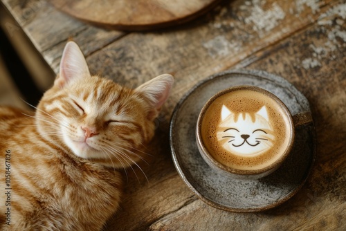 Cat is laying on a wooden table next to a coffee cup with a cat face drawn on it photo