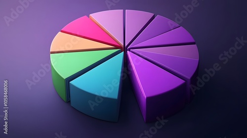 
3D vector pie chart infographic template, semicircle form, divided into nine parts, smooth glowing texture, highly vibrant colors ranging from deep purple to neon green, modern and clean design, high photo