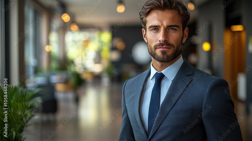 Confident man in a suit standing in a modern office environment. Confident man in a suit standing in a modern office environment.