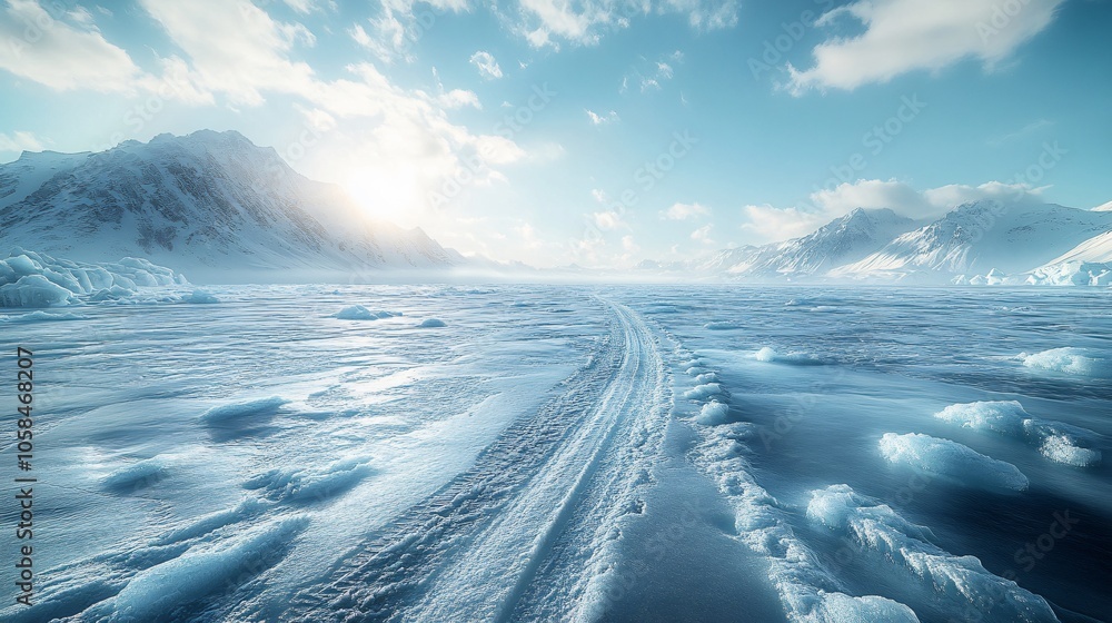 Tire Tracks on Snowy Road in Tibet, Snow-capped Mountains, Ice and Scenic Landscape with Car on Road, Perfect for Automotive Advertisements Tire Tracks on Snowy Road in Tibet, Snow-capped Mountains, Ice and Scenic Landscape with Car on Road, Perfect for Automotive Advertisements