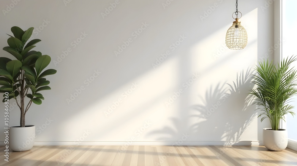 Indoor photo of empty wall in modern interior living room with one plant and one chandelier Indoor photo of empty wall in modern interior living room with one plant and one chandelier