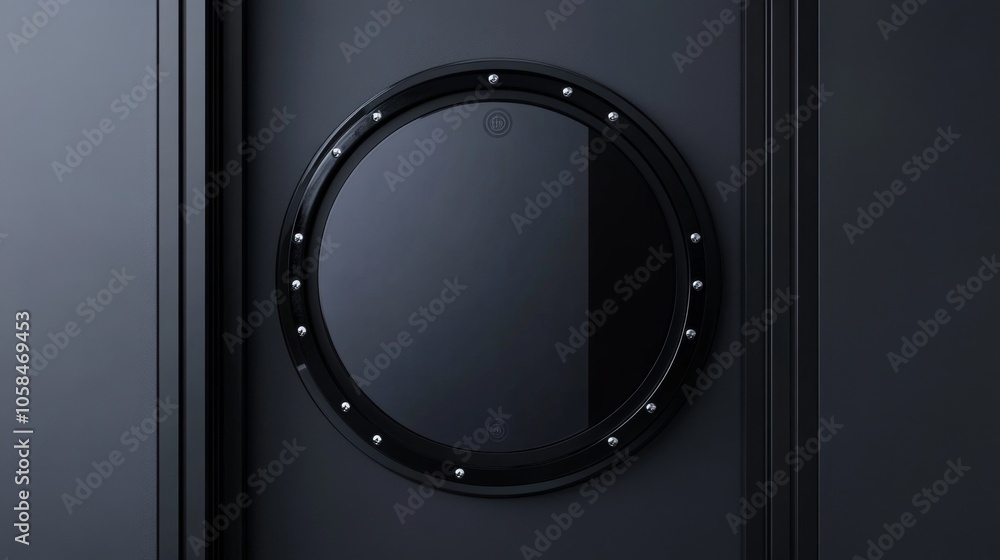 A round, black, framed window with rivets on a black wall. A round, black, framed window with rivets on a black wall.