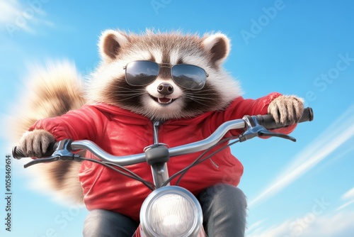 Raccoon is riding a motorcycle with sunglasses on. The raccoon is wearing a red jacket and he is enjoying the ride. Concept of fun, adventure, as the raccoon is not your typical mode of transportation photo