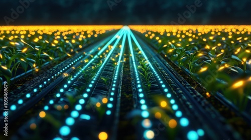 Nighttime view of smart farm with digital grid overlay enhancing crop rows. Concept Smart Farming, Digital Grid, Nighttime View, Crop Rows, Technology Integration photo