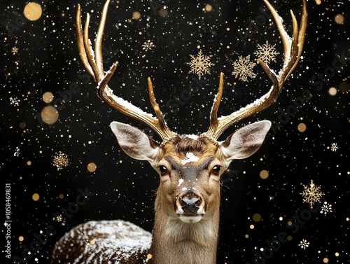 Regal Winter: A Deer with Golden Antlers Amid Snowflakes photo