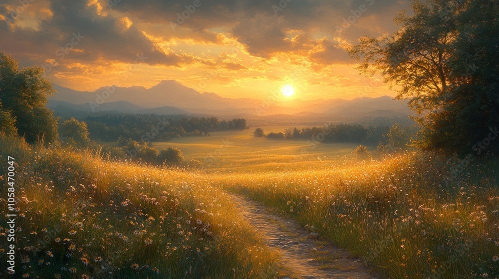 Obraz premium Serene landscape at sunset with a winding path through flowers.