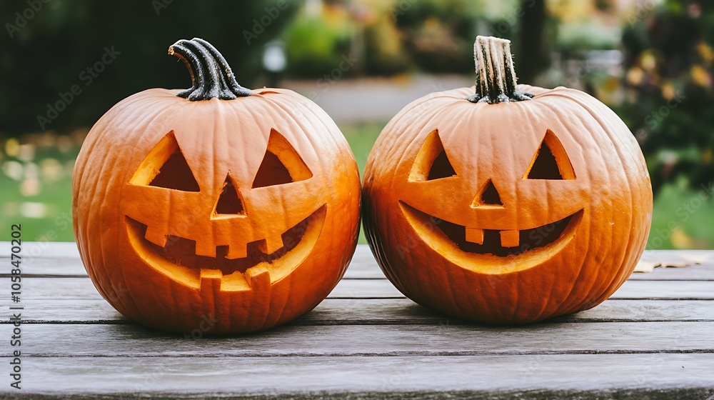 Two carved pumpkins for Halloween Blank Background with Copy Space for Design Projects Two carved pumpkins for Halloween Blank Background with Copy Space for Design Projects