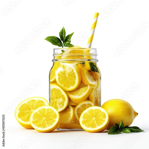 A refreshing jar of lemonade filled with lemon slices and mint leaves, perfect for a summer drink.