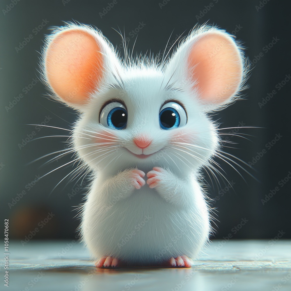 Adorable white mouse with big blue eyes and pink ears sitting on a dark background, looking up at the camera with a sweet smile. Adorable white mouse with big blue eyes and pink ears sitting on a dark background, looking up at the camera with a sweet smile.