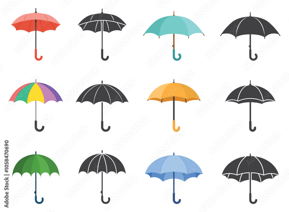 Waterproof umbrella icon set in flat style. Parasol vector illustration on isolated background. Rainy protection sign business concept. Waterproof umbrella icon set in flat style. Parasol vector illustration on isolated background. Rainy protection sign business concept.