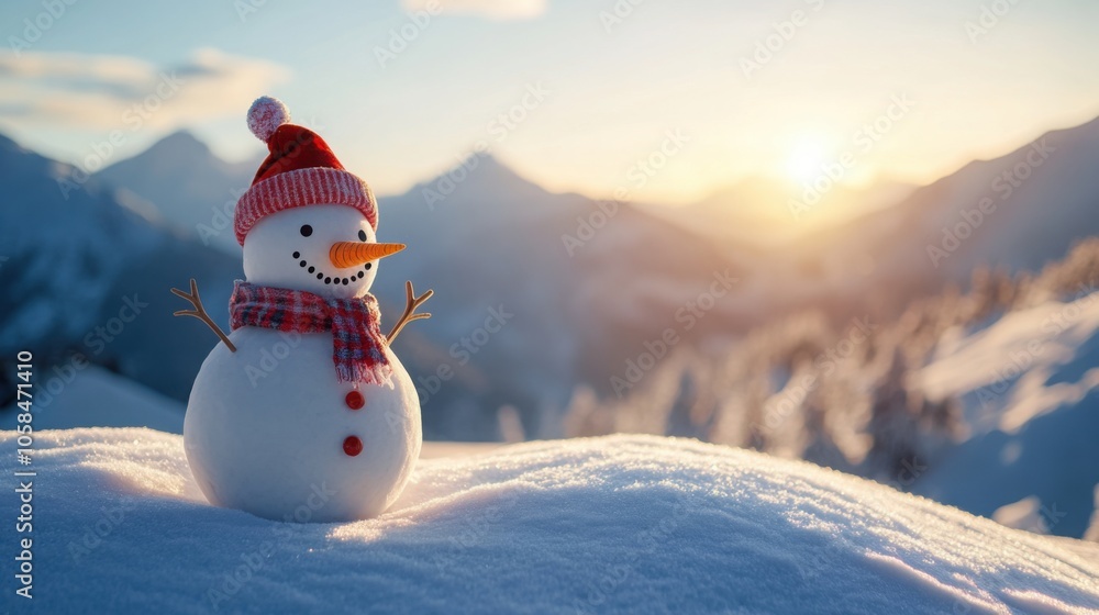 Obraz premium Panoramic view of a snowman standing on a snowy hill, with a mountain range behind and room for text on the right.