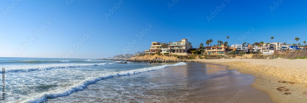 Coastal Charm: Vibrant Townscape by the Sea with Colorful Buildings and Gentle Waves - Ultra-Detailed Panoramic Landscape View Coastal Charm: Vibrant Townscape by the Sea with Colorful Buildings and Gentle Waves - Ultra-Detailed Panoramic Landscape View