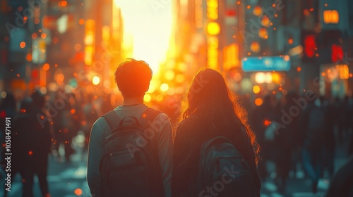 Silhouettes of Two People Walking in a City at Sunset