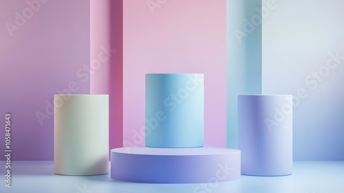 A minimalist display featuring pastel cylindrical forms against a softly colored backdrop.