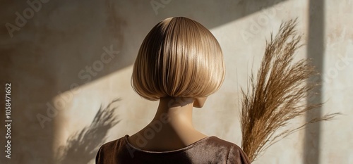 Rear view of a mannequin with blonde bob haircut in a brown dress, with dried grass in the background.