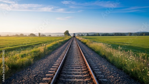 Train tracks surrounded by vibrant green fields, capturing the serenity of morning