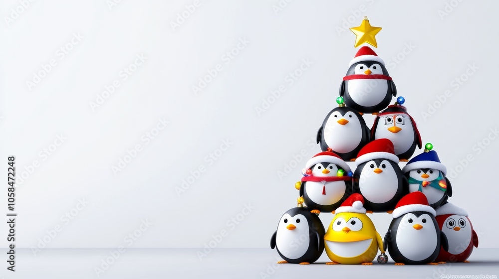 Group of penguins are standing on top of a Christmas tree. The penguins are wearing hats and are smiling Group of penguins are standing on top of a Christmas tree. The penguins are wearing hats and are smiling