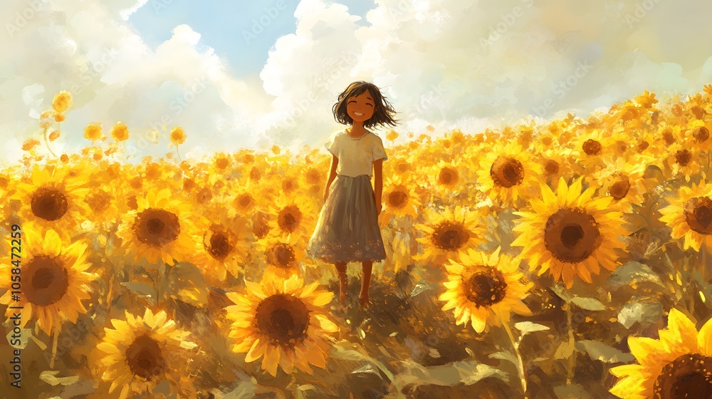 Girl Smiling in a Vibrant Sunflower Field Girl Smiling in a Vibrant Sunflower Field