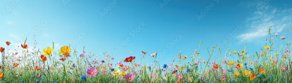 A vibrant field of wildflowers under a clear blue sky, evoking a sense of tranquility. A vibrant field of wildflowers under a clear blue sky, evoking a sense of tranquility.