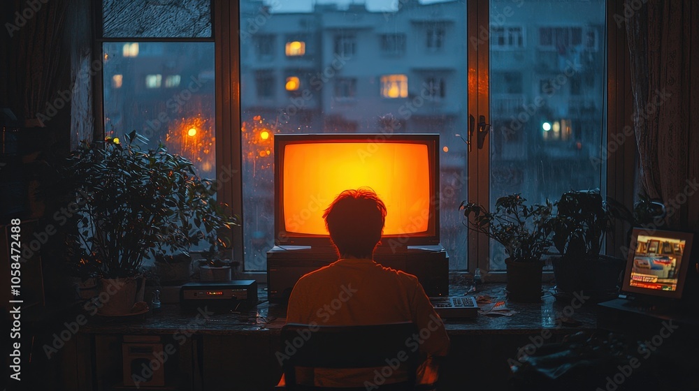 In a cozy room during the evening, an individual is engrossed in watching a glowing television screen while surrounded by plants and soft light In a cozy room during the evening, an individual is engrossed in watching a glowing television screen while surrounded by plants and soft light