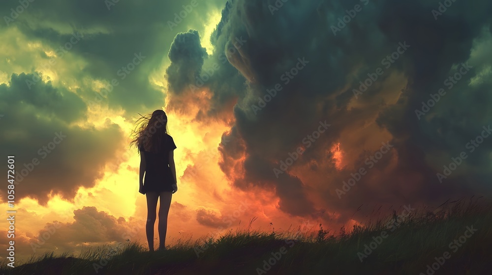 Fototapeta premium Girl Watching Stormy Sky on a Summer Evening