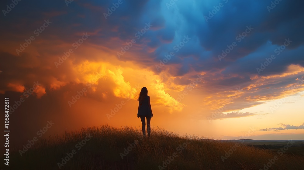 Girl on Hill Watching Summer Storm Approaching Girl on Hill Watching Summer Storm Approaching