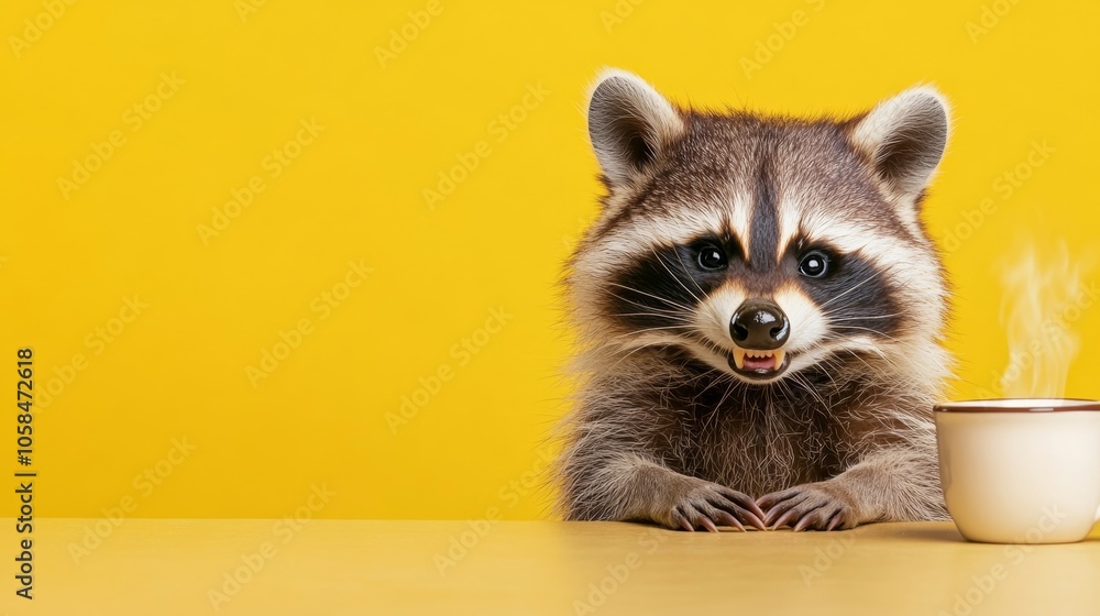 Raccoon is sitting on a table with a cup of coffee. The scene is playful and lighthearted, with the raccoon looking at the camera and appearing to be enjoying the moment Raccoon is sitting on a table with a cup of coffee. The scene is playful and lighthearted, with the raccoon looking at the camera and appearing to be enjoying the moment