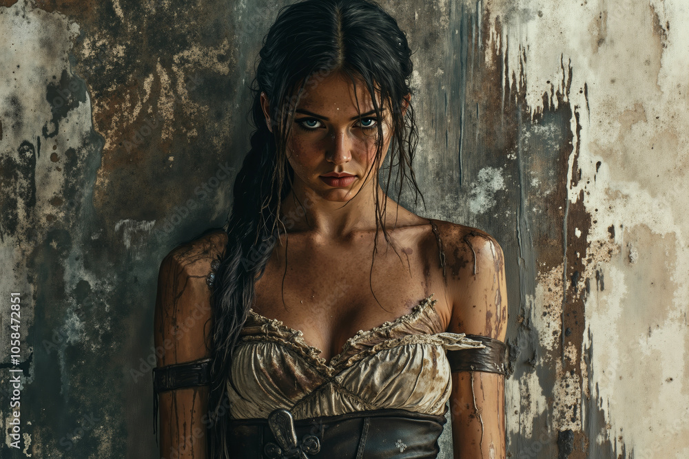 Naklejka premium A woman with dark hair and blue eyes, wearing a white and brown dress, stands against a wall with peeling paint