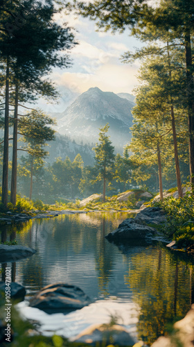 Tranquil mountain lake surrounded by tall pine trees, reflecting scenic peaks under soft sunlight, capturing natural beauty and peaceful wilderness