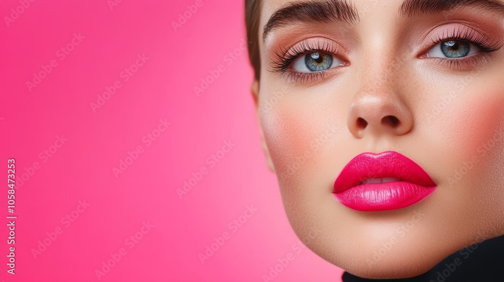 Woman with long, pink lips is standing in front of a pink background. Concept of confidence and beauty, as the woman's makeup and appearance are enhanced by the pink backdrop Woman with long, pink lips is standing in front of a pink background. Concept of confidence and beauty, as the woman's makeup and appearance are enhanced by the pink backdrop