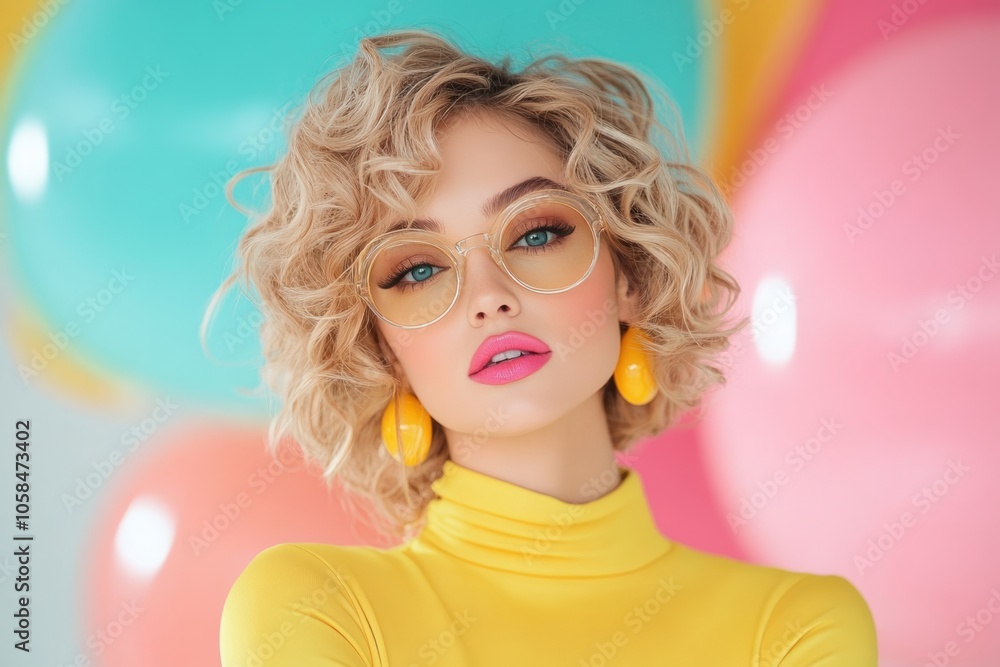 Woman with blonde hair and glasses is posing in front of a bunch of balloons. The balloons are in various colors, including pink, yellow, and blue. woman is wearing a yellow shirt and yellow earrings Woman with blonde hair and glasses is posing in front of a bunch of balloons. The balloons are in various colors, including pink, yellow, and blue. woman is wearing a yellow shirt and yellow earrings