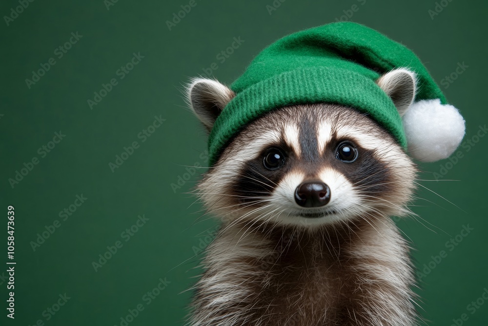 Fototapeta premium Raccoon wearing a green hat and a red and white Santa hat. The raccoon is smiling and looking at the camera