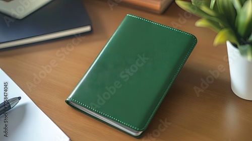 Green passport holder placed on a desk, embodying a sense of organized travel. This green passport holder adds a touch of style to any workspace, with ample copy space for creative use.