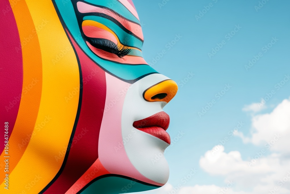 Colorful face with a red nose and lips. The face is painted in a rainbow pattern. Scene is bright and cheerful Colorful face with a red nose and lips. The face is painted in a rainbow pattern. Scene is bright and cheerful