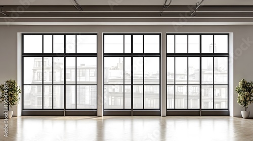 Modern and minimal house window for interior decoration isolated on background, open office glass window frame