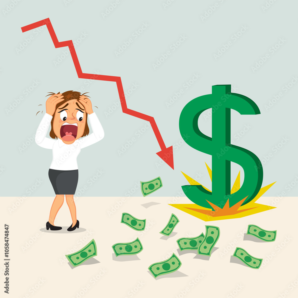 A Businesswoman Shocked in Trouble Fall in Value of Money. Money Value Fall. Flat, Vector, Illustration, Cartoon, EPS10. A Businesswoman Shocked in Trouble Fall in Value of Money. Money Value Fall. Flat, Vector, Illustration, Cartoon, EPS10.