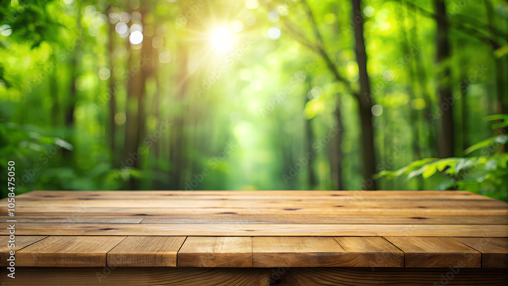 Empty wood top table with blurred forest background Empty wood top table with blurred forest background