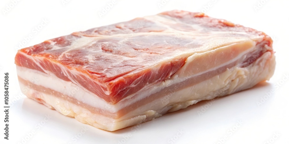 A close-up view of a raw piece of pork belly with visible fat layers, showcasing the marbling and texture of the meat. A close-up view of a raw piece of pork belly with visible fat layers, showcasing the marbling and texture of the meat.